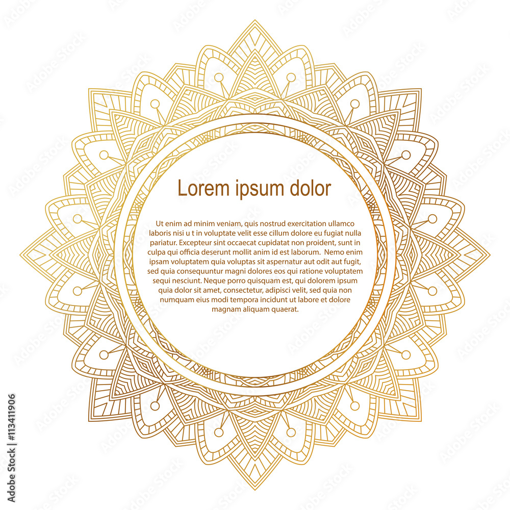 Round gold border frame. Mandala ornament. White background. Round gold border frame. Mandala ornament. White background.