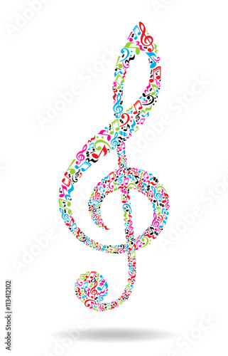 Treble clef made of musical notes on white background. Colorful notes pattern. G clef shape. Poster and decoration idea.