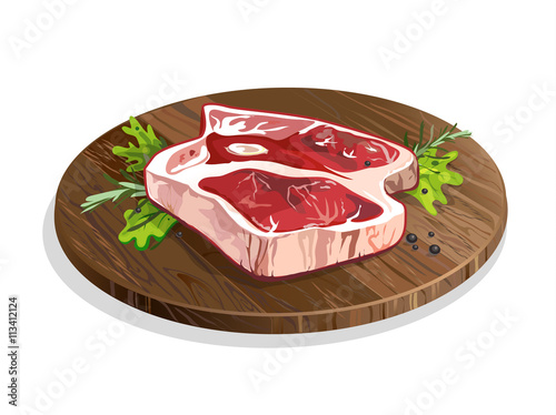 Meat on wooden plate. Isolated food on white background. Pork or beef raw meat. Restaurant meal. Menu.