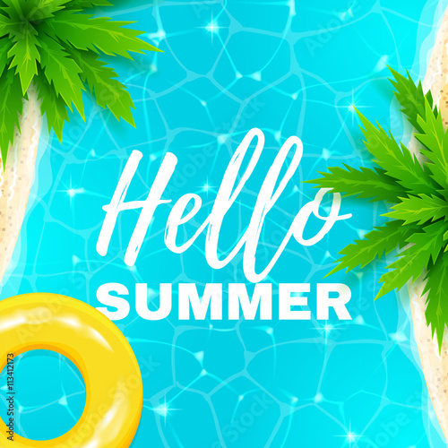 Hello summer banner. Beautiful background on the sea topic with palm trees. Vector illustration.