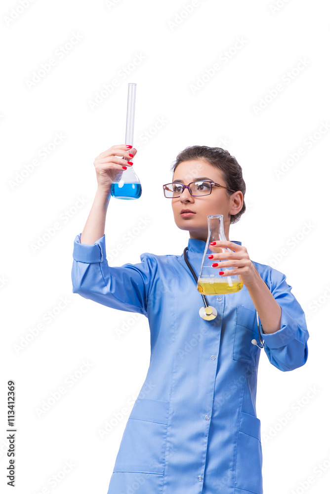 Woman doctor doing chemical tests isolated on white Woman doctor doing chemical tests isolated on white