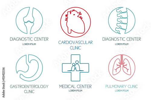 Set of logos on a medical theme. Set of labels and icons in linear style.