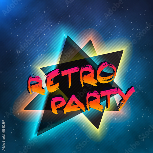 Illustration of 1980 Neon Poster Retro Disco 80s Background made in Tron style with Triangles, Flares, Partickles photo