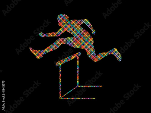 Hurdler hurdling designed using colorful pixels graphic vector.
