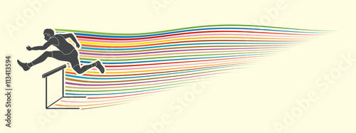 Hurdler hurdling designed with line rainbows movement graphic vector.