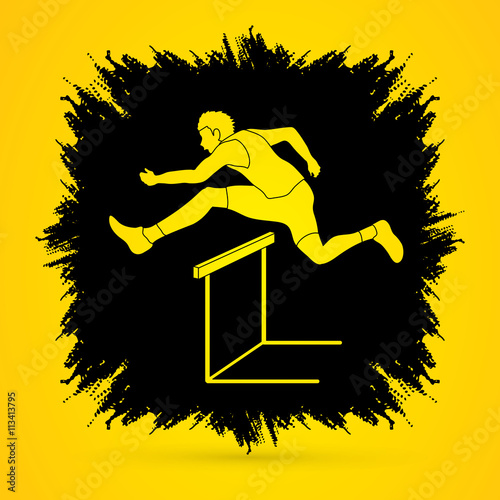Hurdler hurdling designed on grunge frame background graphic vector.