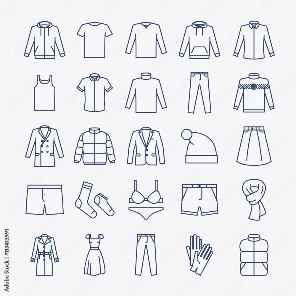 Clothes linear icons. Vector outline clothes icons on white background ...