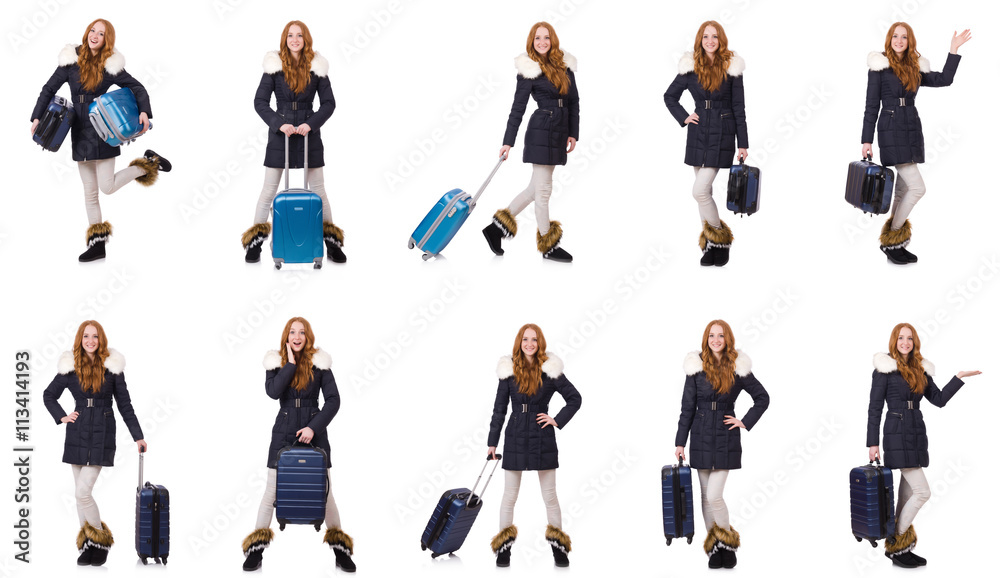 Woman with suitcase preparing for winter vacation