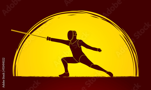 Fencing action designed on moonlight background graphic vector.