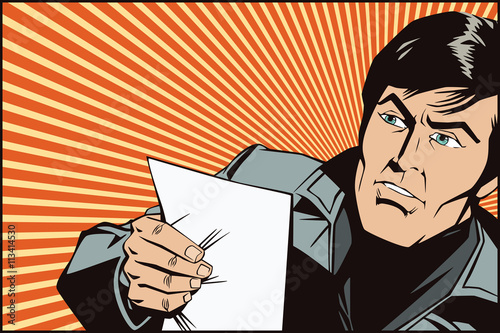 People in retro style. An man reads the documents. News, and fac