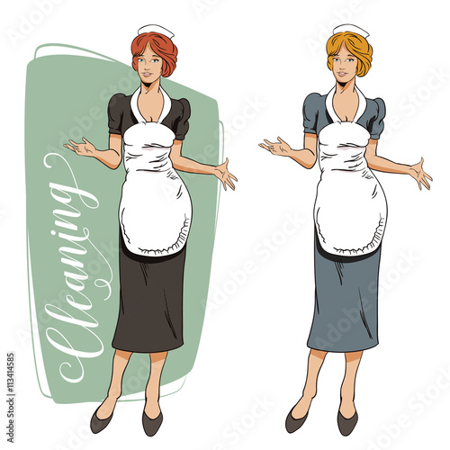 People in retro style. The girl from the cleaning service.
