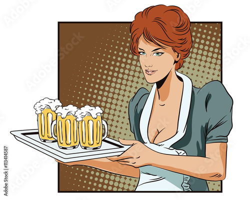 People in retro style. A waitress carrying a tray with a beer.