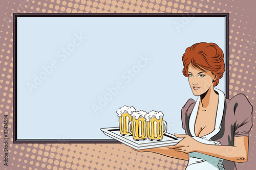 A waitress carries beer on the background of the poster.