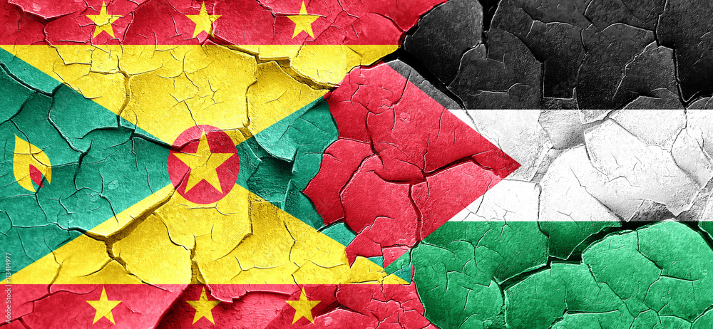 Grenada flag with Palestine flag on a grunge cracked wall