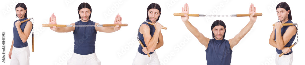 Funny karate fighter with nunchucks on white Funny karate fighter with nunchucks on white