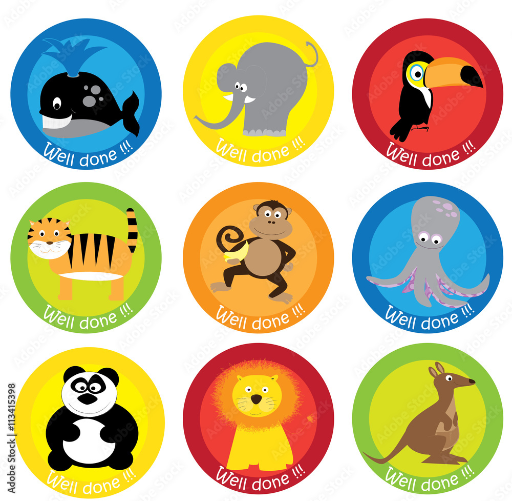 set of cute cartoon motivational stickers with wild animals / well done text set of cute cartoon motivational stickers with wild animals / well done text