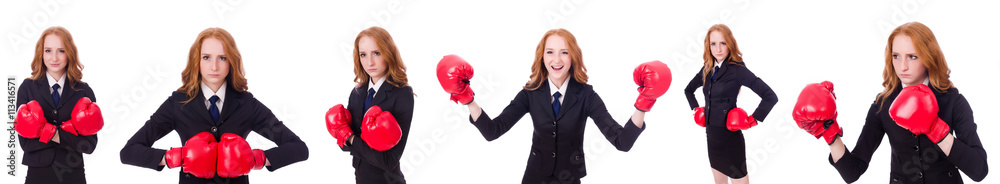 Collage of woman businesswoman with boxing gloves on white Collage of woman businesswoman with boxing gloves on white