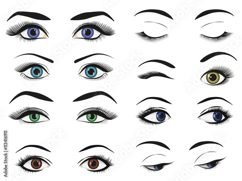 Female woman eyes and brows image collection set.