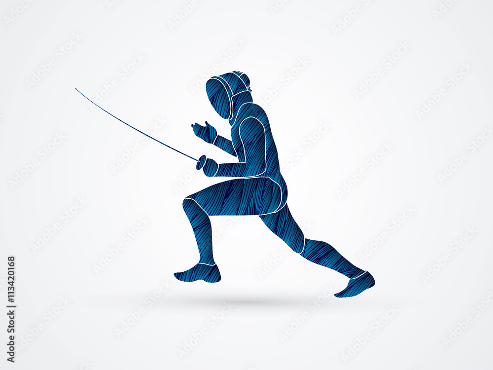 Fencing pose designed using blue grunge brush graphic vector Fencing pose designed using blue grunge brush graphic vector