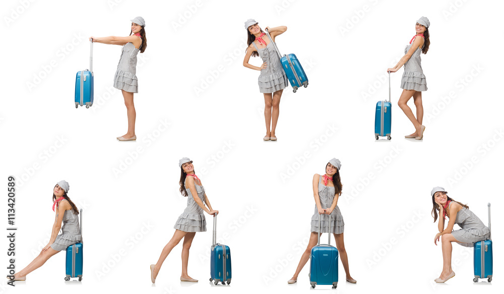 Travelling woman with suitcase isolated on white Travelling woman with suitcase isolated on white