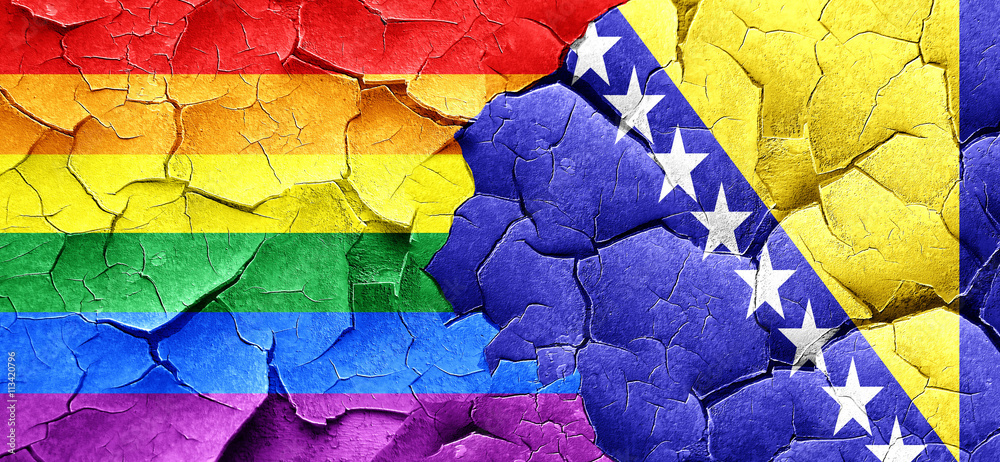 Gay pride flag with Bosnia and Herzegovina flag on a grunge crac
