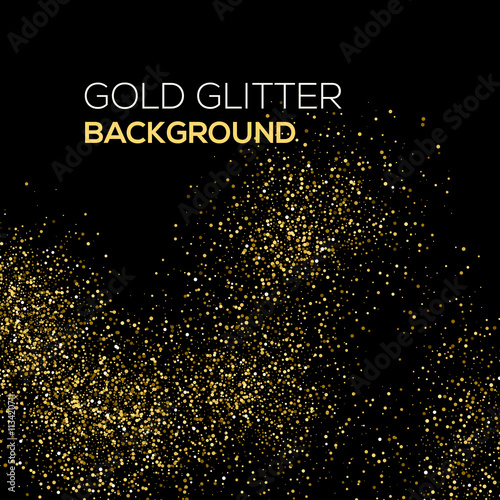 Gold confetti glitter on black background. Abstract gold dust glitter background. Golden explosion of confetti. Golden grainy abstract background. 