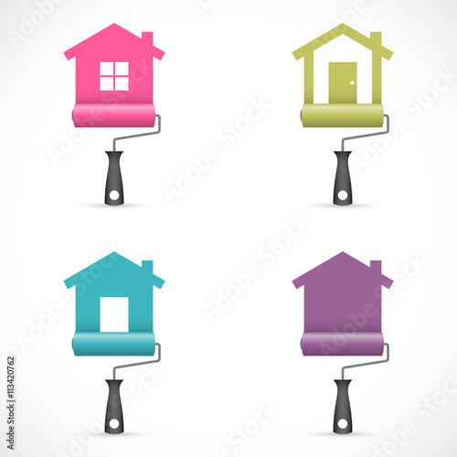 Set of house renovation icons with paint rollers photo