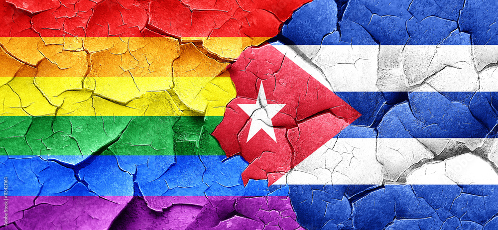 Gay pride flag with cuba flag on a grunge cracked wall