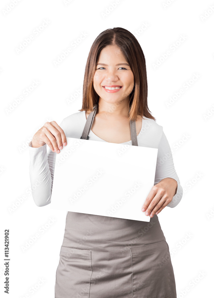 asian female worker with blank paper on white background asian female worker with blank paper on white background