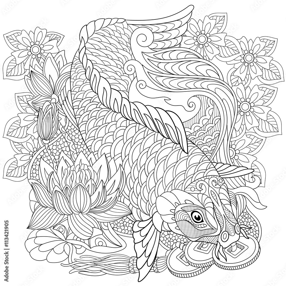 Fototapeta premium Zentangle stylized cartoon koi carp, isolated on white background. Hand drawn sketch for adult antistress coloring page, T-shirt emblem, logo or tattoo with doodle, zentangle, floral design elements.