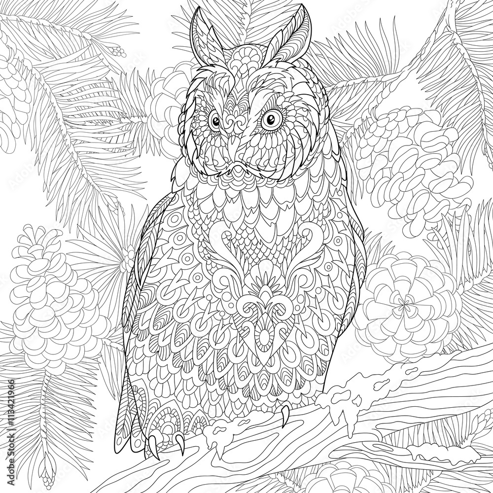 Fototapeta premium Zentangle stylized cartoon eagle owl sitting on wooden tree branch. Hand drawn sketch for adult antistress coloring page, T-shirt emblem, logo or tattoo with doodle, zentangle, floral design elements.