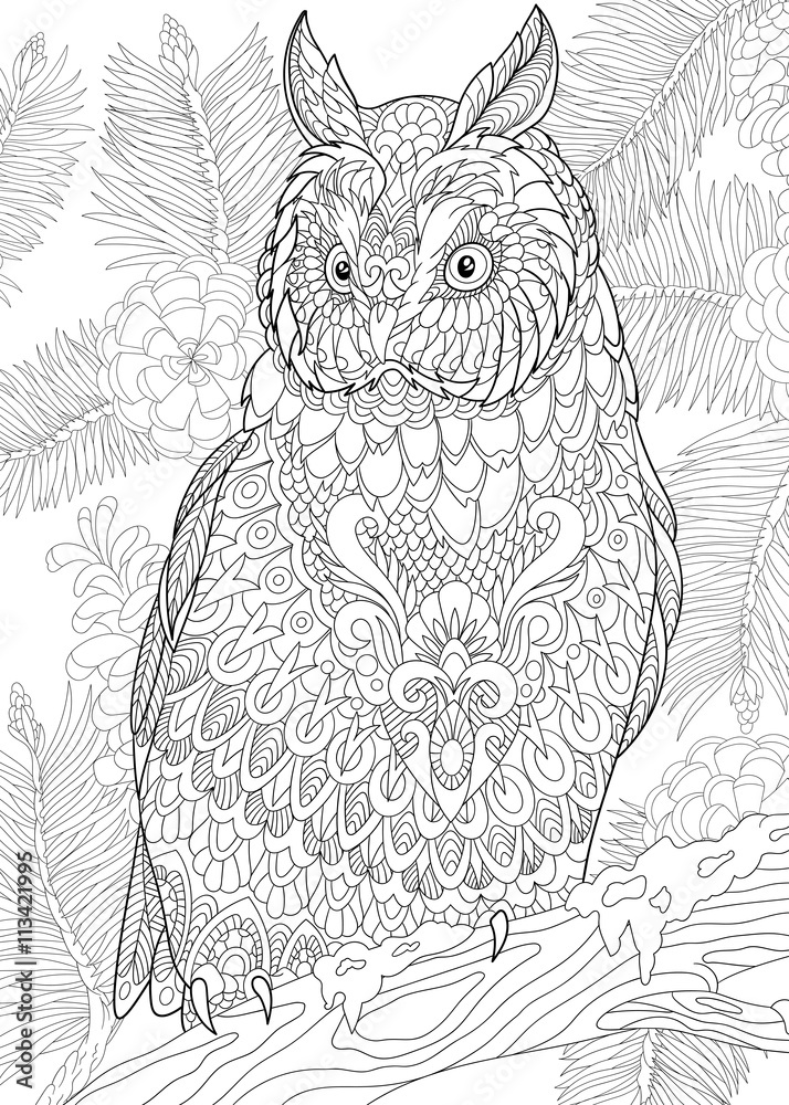 Naklejka premium Zentangle stylized cartoon eagle owl sitting on wooden tree branch. Hand drawn sketch for adult antistress coloring page, T-shirt emblem, logo or tattoo with doodle, zentangle, floral design elements.