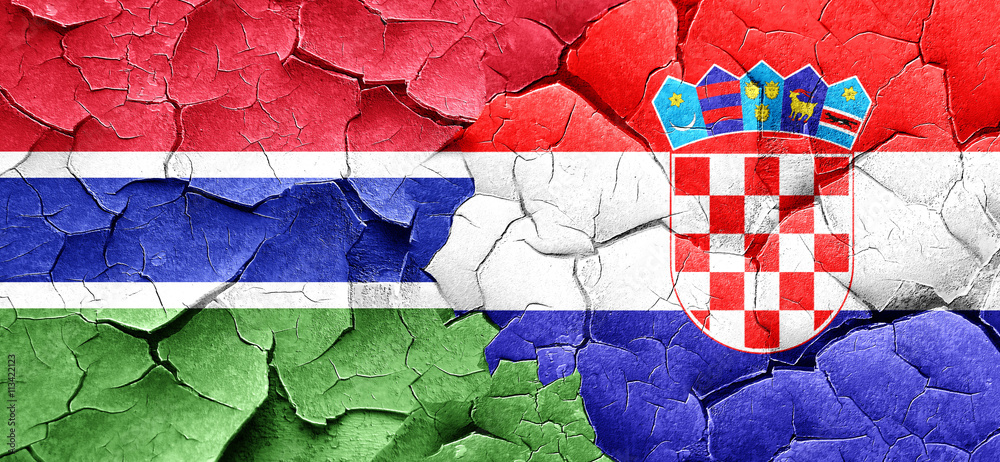 Gambia flag with Croatia flag on a grunge cracked wall Gambia flag with Croatia flag on a grunge cracked wall