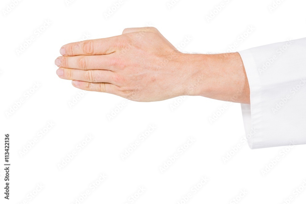 Karate player making hand gesture on white background Karate player making hand gesture on white background