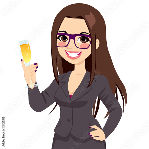 Successful young brunette businesswoman with glasses toasting with a champagne flute and hand on hip