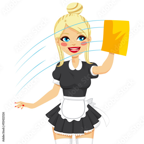 Beautiful blonde woman in maid dress working cleaning window with yellow cloth