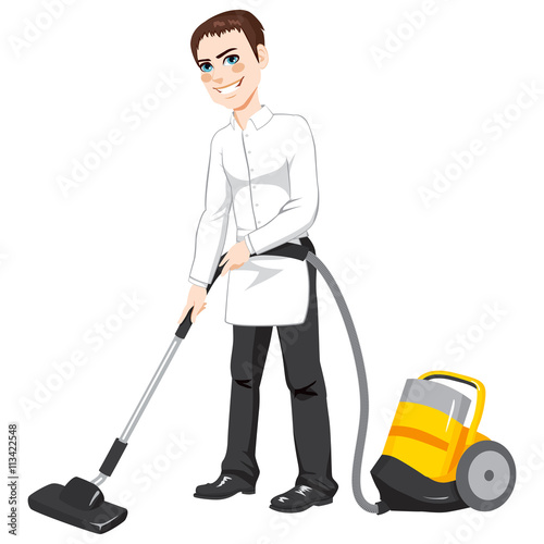 Male hotel service worker cleaning using yellow vacuum cleaner
