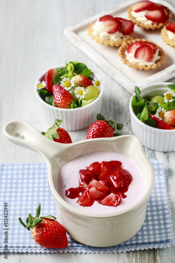 Strawberry smoothie and fruit salad Strawberry smoothie and fruit salad