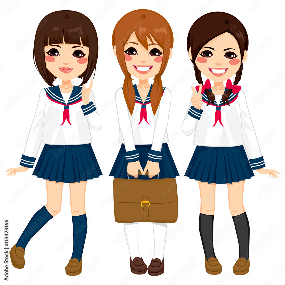 Cute japanese school girls friends happy together in same sailor uniform