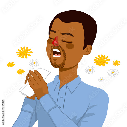African American young man going to sneeze because of spring allergy making funny face