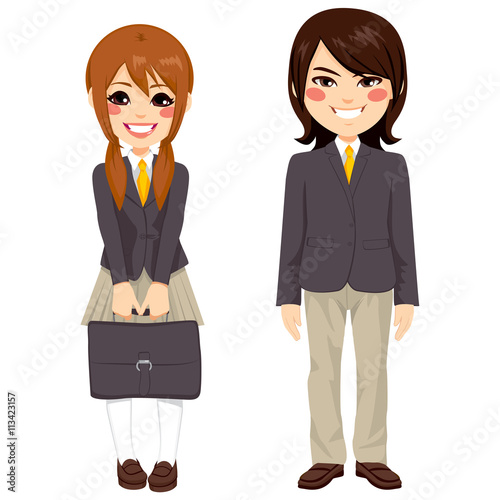 Two cute teenage japanese students standing together in uniform and holding suitcase