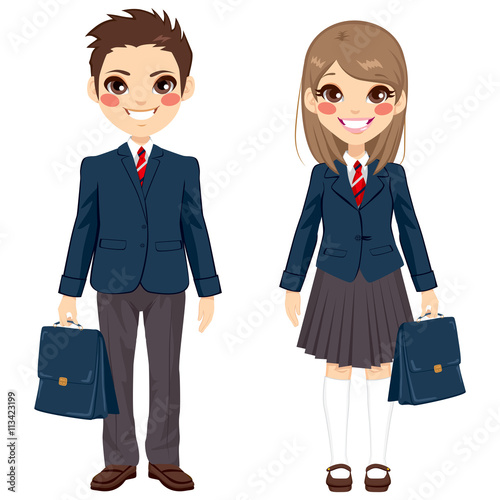 Two cute teenage brother and sister students standing together with uniform and holding suitcase