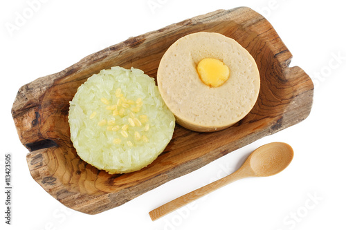 Thai Custard with Sticky Rice on Wooden Plate Isolate, White Background
