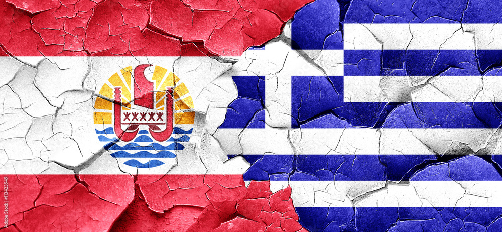 french polynesia flag with Greece flag on a grunge cracked wall - obrazy, fototapety, plakaty 