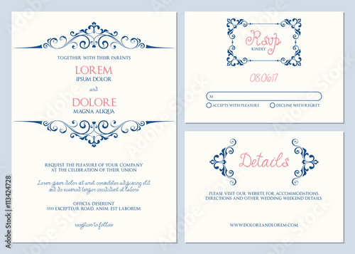 Wedding invitation suite. Wedding invitation, Response card, and RSVP card. 
