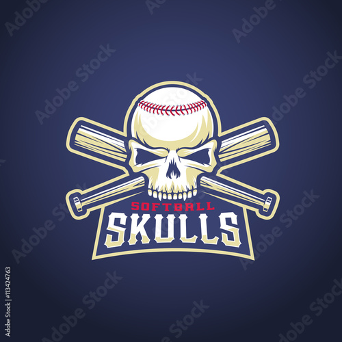 Baseball Team Logo Template. Skull and Crossed Bats Sign. Softball Head Concept. Sport Emblem with Premium Typography.