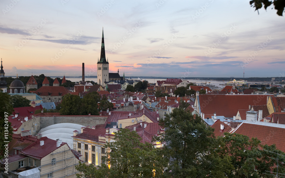 View of Old city's roofs in evining. Tallinn. Estonia.