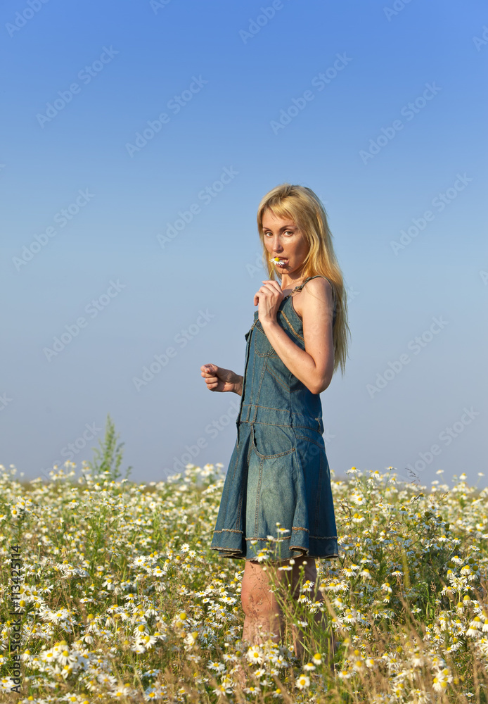 young woman in the field of camomiles young woman in the field of camomiles