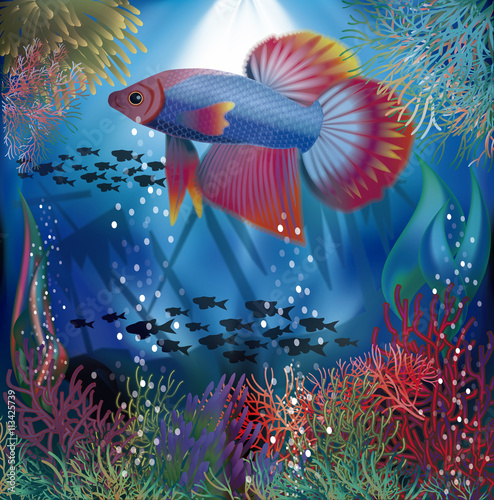 Underwater wallpaper with  well fish, vector illustration