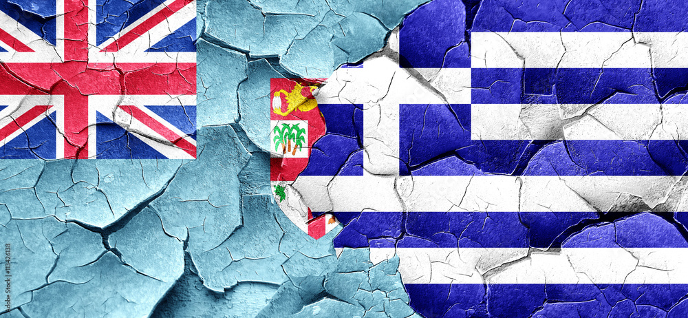 Fiji flag with Greece flag on a grunge cracked wall - obrazy, fototapety, plakaty 